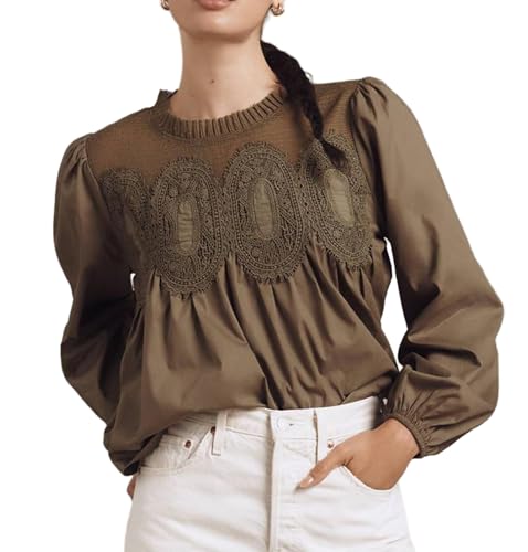 VAOYIU Women Lace Poplin Ruffle Mesh Blouse Long Sleeve Crew Neck Swing Babydoll Tops Elegant Shirt with Embroidery