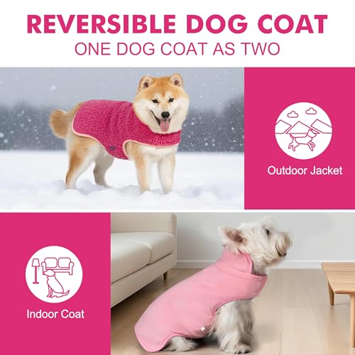 Image of cyeollo Sherpa Dog Coat Reversible Dog Jackets for Small Dogs, Fuchsia, L | Warm Fleece Winter Sweater, Turtleneck Pet Vest, Adjustable Fit, Easy On & Off, Leash Hole for Cold Weather Outdoor Walks