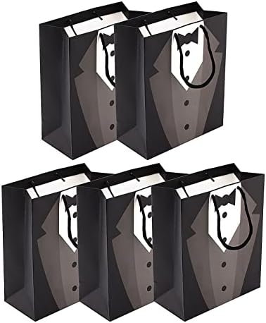 YORKING 5PCS Groomsmen Gift Bags 23x19x9cm Tuxedo Gift Bags Reusable Shopping Gift Bags Black Kraft Paper Bags with Tie Shirt Pattern for Wedding Birthday Anniversary Party