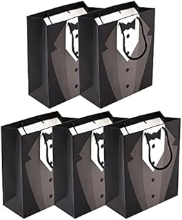 YORKING 5PCS Groomsmen Gift Bags 23x19x9cm Tuxedo Gift Bags Reusable Shopping Gift Bags Black Kraft Paper Bags with Tie Shirt Pattern for Wedding Birthday Anniversary Party