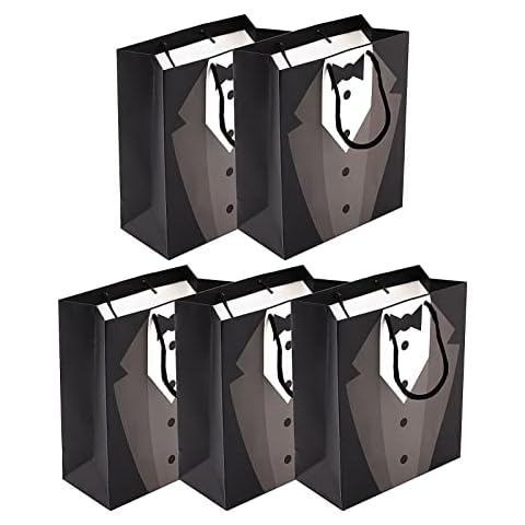 YORKING 5PCS Groomsmen Gift Bags 23x19x9cm Tuxedo Gift Bags Reusable Shopping Gift Bags Black Kraft Paper Bags with Tie Shirt Pattern for Wedding Birthday Anniversary Party Cover