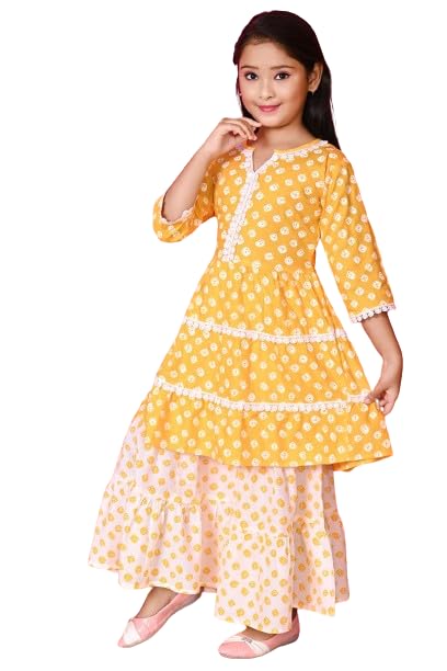 Image of First DREAMGirls Pink Bandhani Printed with Cotton Flower Lace Kurta with Sharara