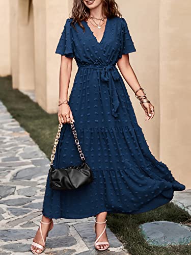 Image of MASCOMODA Women Boho Swiss Dot Maxi Dresses Wrap V Neck Flutter Short Sleeve Solid Tie Waist A Line Tiered Flowy Long Dresses