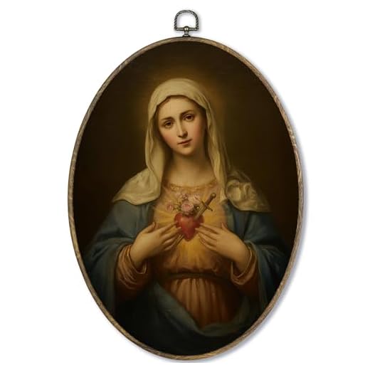 Fewgb Catholic Immaculate Heart of Mary Oval Wall Art Decor Framed, Vintage Virgin Mary Religious Canvas Wall Art Prints Picture, Dark Christian Hanging Room Decor Artwork for Church Gallery 9x12