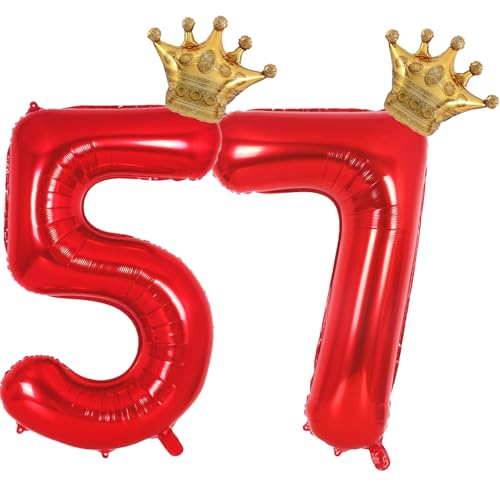 Red 57 75 Balloon Numbers 40 Inch Giant 57th 75th Birthday Balloon, Helium Mylar Foil Number 57 75 Balloons for Red and Gold Birthday Party Decorations Supplies for Men Women, Crown Balloons