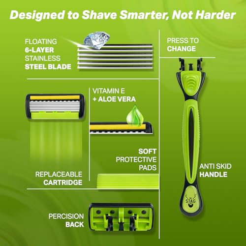 Image of Mr. Stag Beast 6-Edge Razor for Men with 1 Handle & 2 Cartridges, Aloe Vera & Vitamin E Lubrication Strip, Stainless Steel Design for Smooth, Comfortable Shaving Razor | Daily Care (Green, Pack of 3)