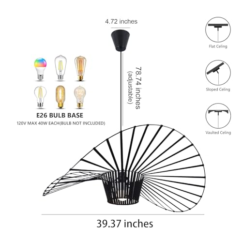 Image of Modern Black Woven Chandelier, 39.37 inch Farmhouse Coastal Hat Pendant Light Fixtures Matte Black Handwoven Shade Boho Pendant Hanging Lamp for Kitchen Dining Room Bedroom Foyer Hallway