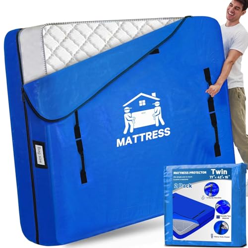 Image of Mattress Bags for Moving, BETU Mattress Protector Waterproof Mattress Cover Twin Size Storage Bags with 8 Heavy-Duty Handles and Zipper for College Bed Extra Thick Large(2 Pack, 77 inchx42 inchx15 inch Blue)