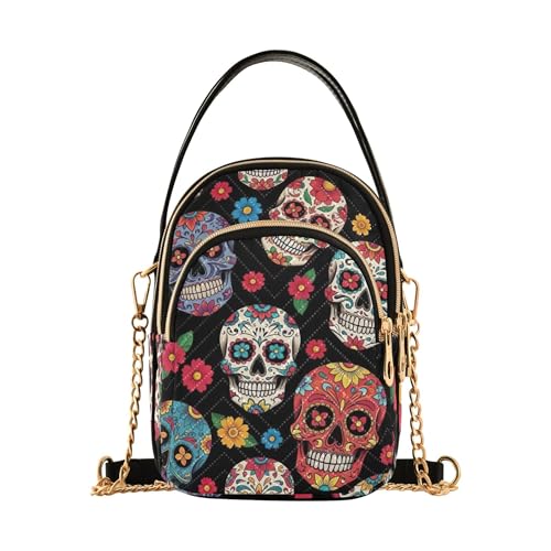 Womens Shoulder Purse Colorful Skulls Red Floral Black Quilted Chain Strap Phone Wallet Handbag Cute Zipper Ladies Clutch Satchel, 5.9