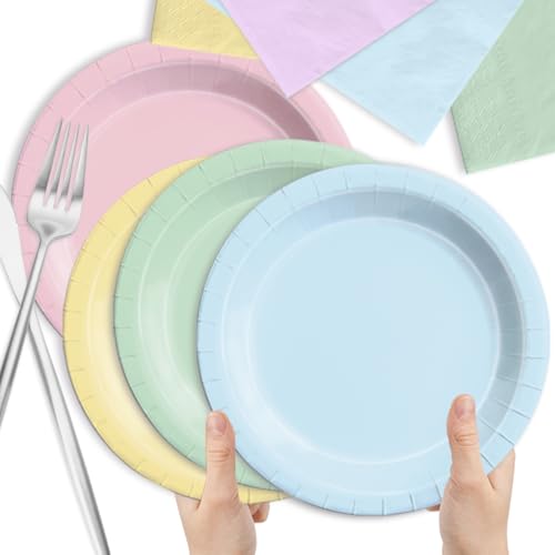Image of CMUSKO Pastel Party Decorations-150Pcs Rainbow Plates and Napkins Pastel Colorful Tableware Serves 50,for Girl Birthday,Baby Shower,Wedding