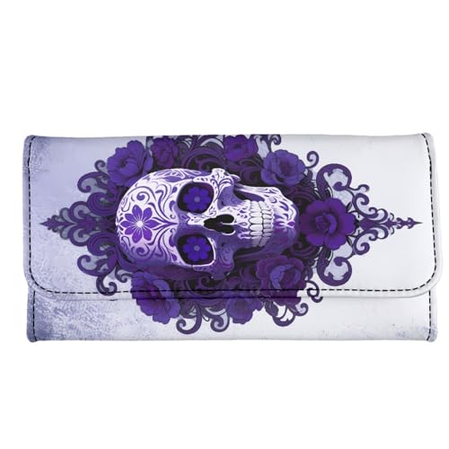 Image of AFPANQZ Gothic Sugar Skull Women's Wallets Large Capacity RFID Protection Waterproof Leather Long Clutch Phone Holder Zip Inner Pocket Multi-Cards Slots Travel Wallet TriFold Purses Purple Silver