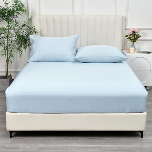 PHF 100% Rayon Derived from Bamboo Fitted Sheet Twin Size, 16" Deep Pocket,2.5cm Wider Strong Elastic Easy Fit, Breathable Silky Soft Skin-Friendly for Hot Sleeper, 39"x 75",Sky Blue, No Pillowcase