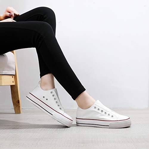 ZGR Women’s Classic Platform Canvas Sneakers Slip on Fashion Canvas Casual Shoes(White,US9)