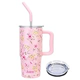 Zukro 24 oz Tumbler with Handle and Straw, Triple-wall Vacuum Insulated Coffee Travel Mug with 2 Lids For Hot/Cold Drinks, No Sweat Stainless Steel Cup for Home/Office, Dishwasher Safe, Floral