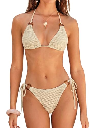 ZAFUL Triangle Bikini Sets for Women Sexy Tie Side Halter String O Ring Textured Two Piece Swimwear Bathing Suit(2-Beige, M)