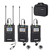 Wireless Microphone COMICA CVM-WM100 Plus 48-Channel Professional UHF Dual Wireless Lavalier Lapel Microphone System for Canon Nikon Sony Panasonic DSLR Cameras,XLR Camcorder,Smartphone etc.(2TX+1RX)