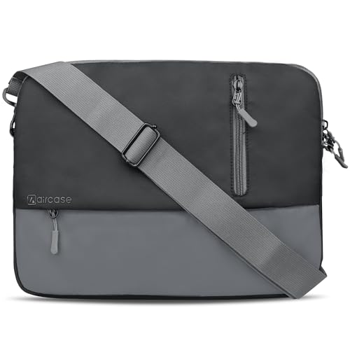 Image of AirCase Laptop Messenger Bag for Men & Women, 13.3 inch | Water Resistant PU Leather, Shockproof Padded, Shoulder Strap, Front Organiser Pocket, Office Crossbody Bag, Business Travel Laptop Sleeve