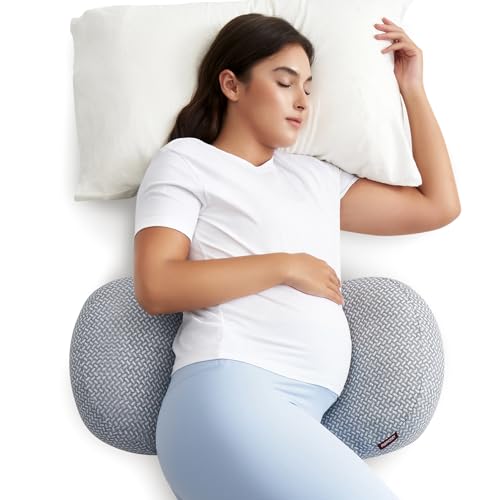 momcozy W Shaped Pregnancy Pillow - Adjustable Velcro, Portable Maternity Pillow for Side Sleeping, Belly Back Hip Support for Pregnant Women, Air Layer Washable Cover, Gray