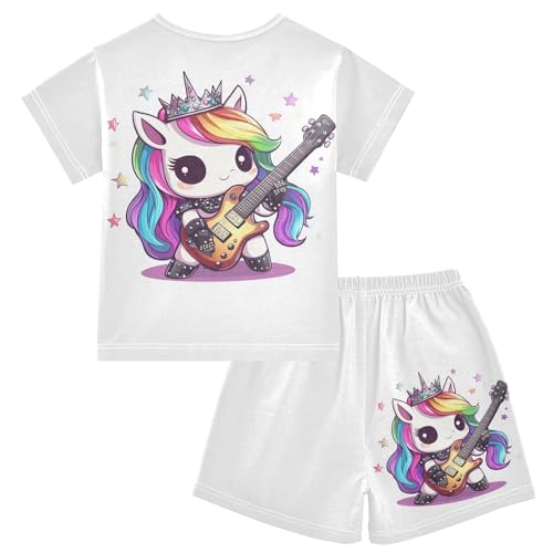 Unicorns Guitar White Pajama Set Short Sleeve PJ Set Cotton Summer Pajamas Sleepwear Soft 5Y2