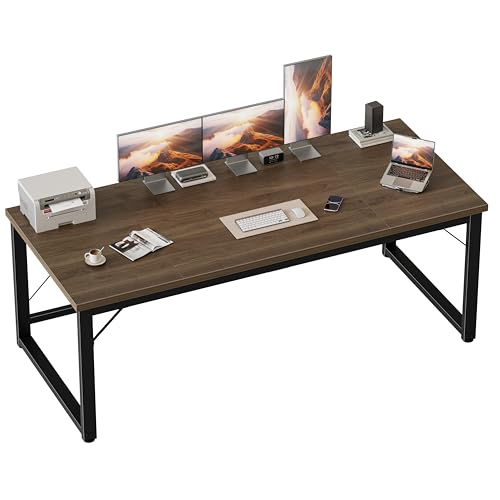 Image of Mericonia 63x28 Inch Computer Desk, 1 inch Thick Large Office Table, Walnut | Modern Simple Style, Heavy Duty Industrial Frame, Large Study & Writing Table for Home Bedroom Work