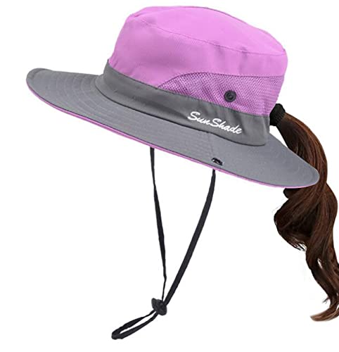 Kids Girls Uv Protection Sun-Hat Wide Brim Bucket-Cap With Ponytail Hole Fit For 3-6 Years Purple #TOP20