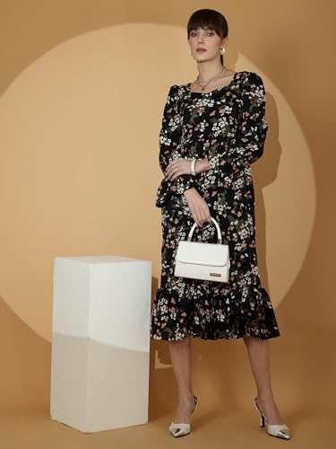 Image of Sheetal Associates Women's Casual Flared Sleeve Crepe Floral Fit and Flare Dress