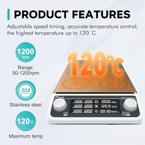 LAB FISH Laboratory Digital Multi Place Magnetic Stirrer Hot Plate 120℃/248℉ 50-1200RPM Multi Position Heated Stir Plate 6x500ML Synchronization & Asynchronous Control Timing - Thumbnail 2