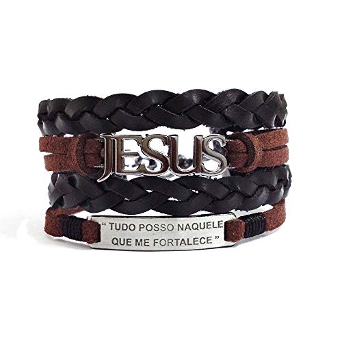 Bracelete Pulseira Masculina Couro Tudo Posso Jesus