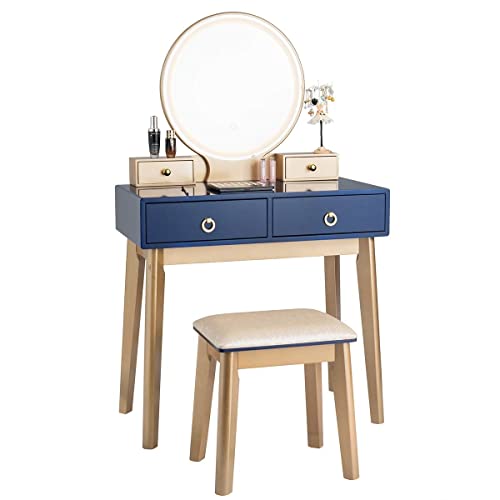MAT EXPERT Vanity Set with Lighted Mirror, Bedroom Dressing Table w/Padded Stool, 3-Color Touch-Screen Dimming Light Dressing Table w/4 Drawers, Solid Wood Modern Vanities (Navy)