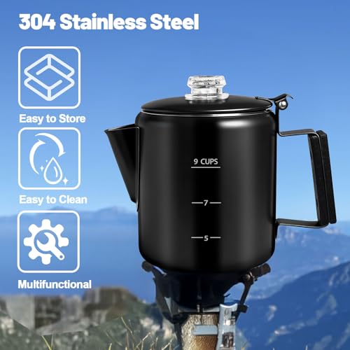Image of 9 Cup Percolator 304 Stainless Steel Coffee Pot Coffee Maker Coffee Machine with Solid Wood Handle Transparent Knob Stovetop Greca Mocha for Induction Home and Camping 1500ml 50.7oz Black