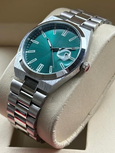 Image of AMERICANVIBER Men's Silver Stainless Steel Watch, Vibrant Green Sunburst Dial, Quartz Analog Movement, Date Display, Faceted Bezel for Men