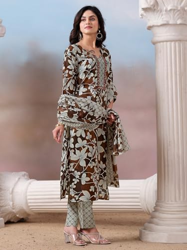 Kurta imprimé floral marron ensemble complet fluide pour masquer les formes - 3