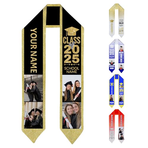 MEETUHONEY Custom Graduation Stole - 70 Inch Personalized Class of 2025 Graduation Sash with Photo Name - Class of 2025 Gifts Gold Stole for High School, College