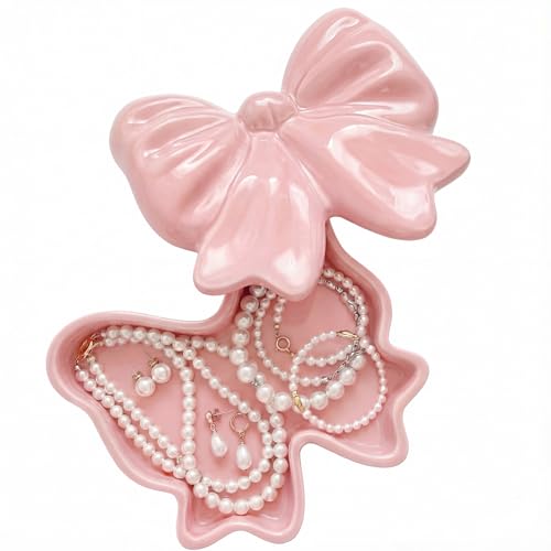 Afarnook Pink Bow Shaped Jewelry Ceramic Box Coquette Bow Shaped Ceramic Jewelry Dish Tray Organizer Storage Ring Holder for Room Decoration Trinket Box Valentines Gift for Women Wife Bridesmaids