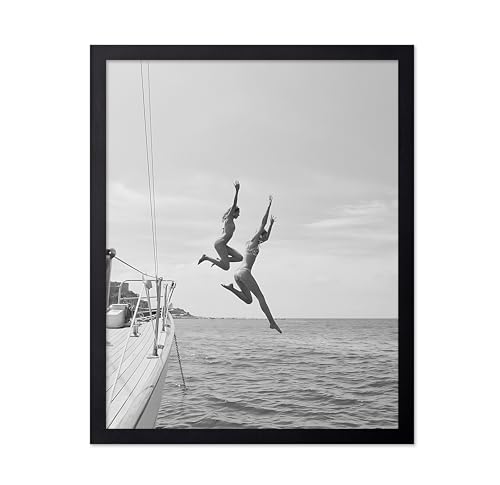 Poster Master Jumping Off a Boat Poster - Sailboat Print - Ocean Art - Swimming Illustration - Diving Illustration - Black and White Photo - Ocean or Beach House Coastal Decor - 11x14 Black Framed