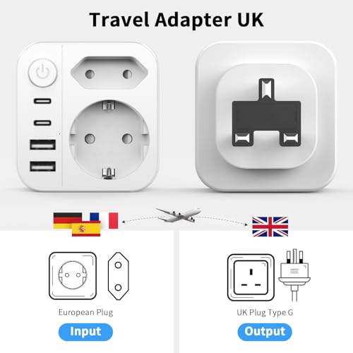 6 IN 1 Adapter England Deutschland Stecker,3250W Reiseadapter UK mit 4 USB und Schalter, Adapter Steckdose England Reiseadapter Typ G für Irland Dubai Schottland Malediven