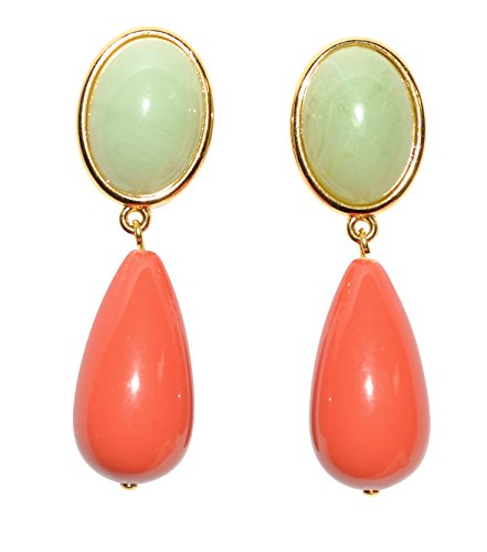 Leichte sehr große Ohr-Clips vergoldet Stein jade-grün Anhänger korall-rot Tropfen Designer JUSTWIN Geburtstag Fest Party Geschenk edel elegant stilvoll