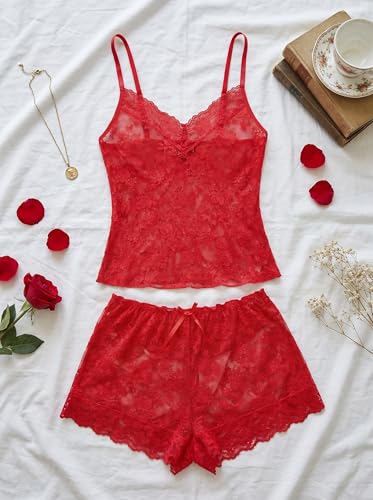 Image of Avidlove Sexy Pajama Set for Women Floral Lace Lingerie Set Sheer Sleepwear See Through Cami Shorts 2 Piece