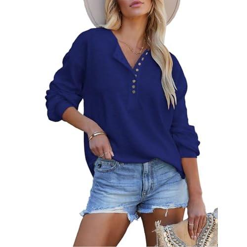 Topstype Henley Long Sleeve Women Oversized T Shirts Loose Fit Tunic Tops to Wear with Leggings Large Navy Blue