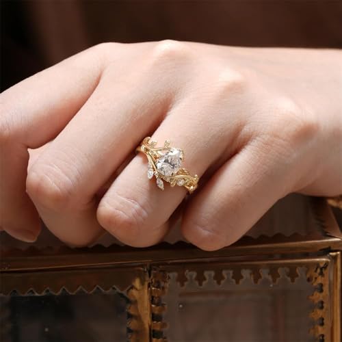 Vintage Pear Moissanite Engagement Ring Set for Women 925 Silver 10K Gold Nature Inspired Leaf Engraved Handmade Moissanite Bridal Ring Set with Stacking Wedding Band3