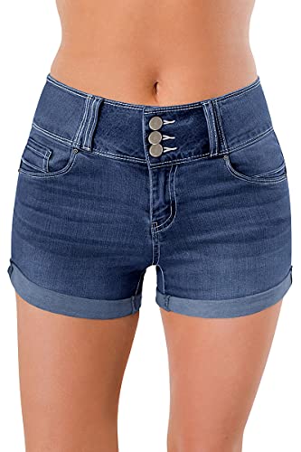 Roswear Women's High Waisted Stretchy Denim Shorts Cuffed Jean Shorts Blue Large #TOP21