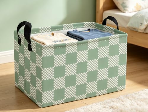 Image of Essme Rectangular Grid Baskets,Green Storage Box,Cute Basket with Handles for Room Decor, Book Bins.(Green grid)