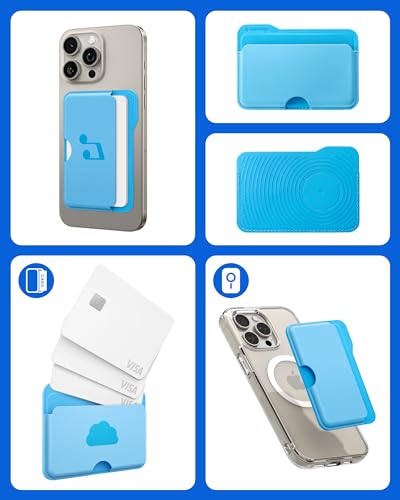Image of CASEOLOGY Men Faux Leather By Spigen Folder Pop Magsafe Wallet [Non-Slip Silicon Patterned] Magnetic Card Holder for iPhone 17, 16, 15, 14, 13, 12, Series (Suede | Sky Blue Cloud)