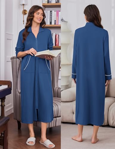 Image of Ekouaer Zipper Robes for Women Long Sleeve Lightweight House Coats with Pockets Zip Up Bathrobe Loungewear S-3XL