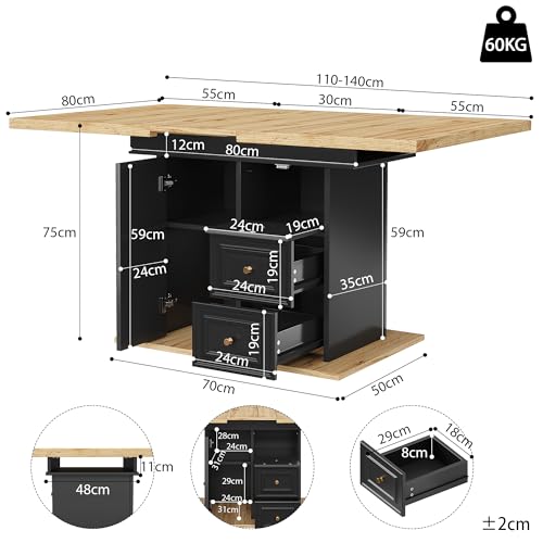 Table à manger extensible 110 140 x 80 cm avec rangement et tiroir