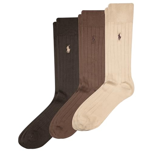 POLO RALPH LAUREN Mens Super Soft Ribbed Dress Crew Socks 3 Pair Pack - Lightweight Comfort Brown Assorted 6-12.5