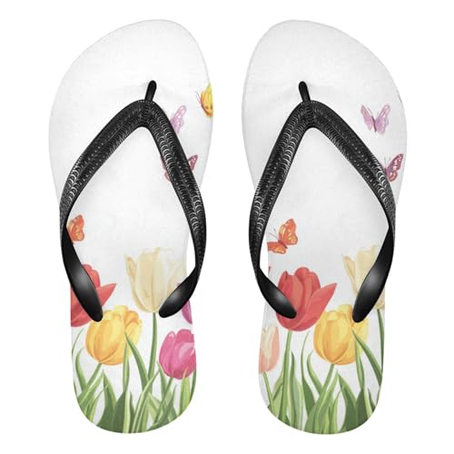 Sinestour Butterfly Garden White Flip Flops for Beach Thong Sandals Anti-slip Lightweight Beach Slippers for Summer Travel Swim
