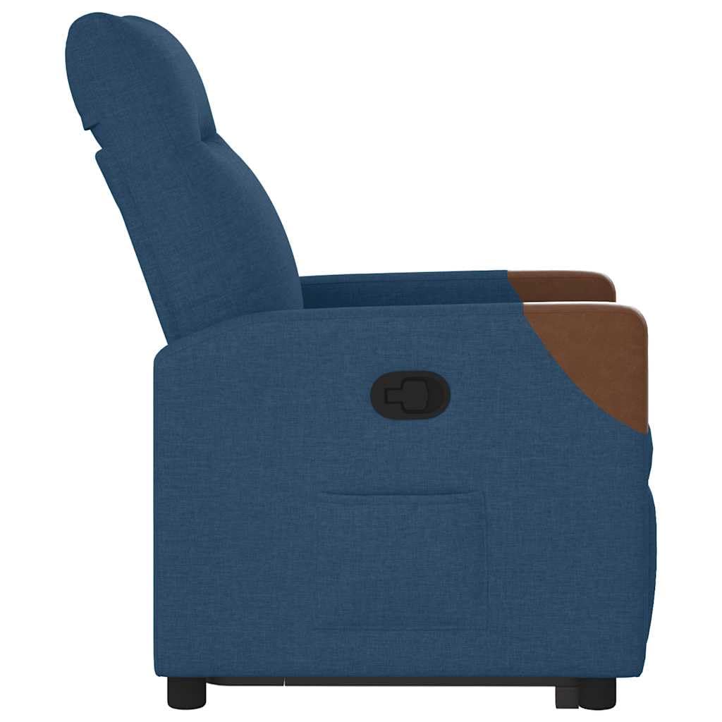 Poltrona relax elettrica con rivestimento in tessuto blu, schienale regolabile fino a 135 gradi, robusta struttura in legno e metallo, comoda poltrona imbottita per soggiorno e angolo lettura