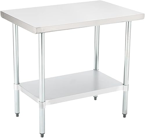 Restaurantware Kitchen Tek - Mesa de trabajo comercial de acero inoxidable 304 calibre 18, resistente, patas galvanizadas, estante inferior, 24 x 36