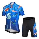 L PATTERN Kinder Radtrikot Set Jungen radsport anzüge (Fahrrad Trikot Kurzarm + Radhose) Mädchen Fahrradbekleidung Anzug mit Sitzpolster, Blau & Orange Fisch Blau, 110/116(Tag:S)